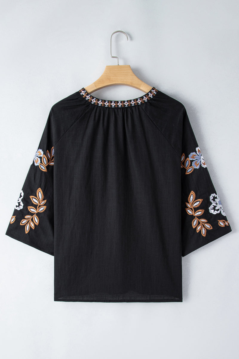 Hazel Blues® |  Embroidered V-Neck Three-Quarter Sleeve Blouse