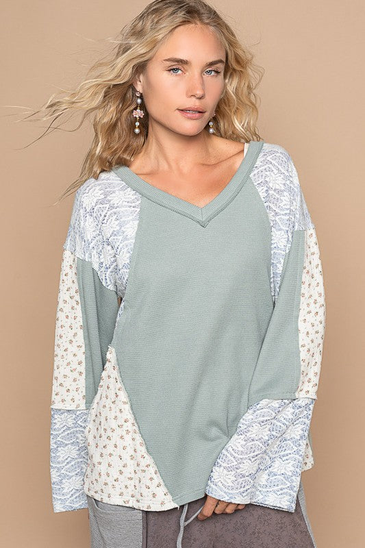 Hazel Blues® |  POL Lace Floral Round Neck Knit Top