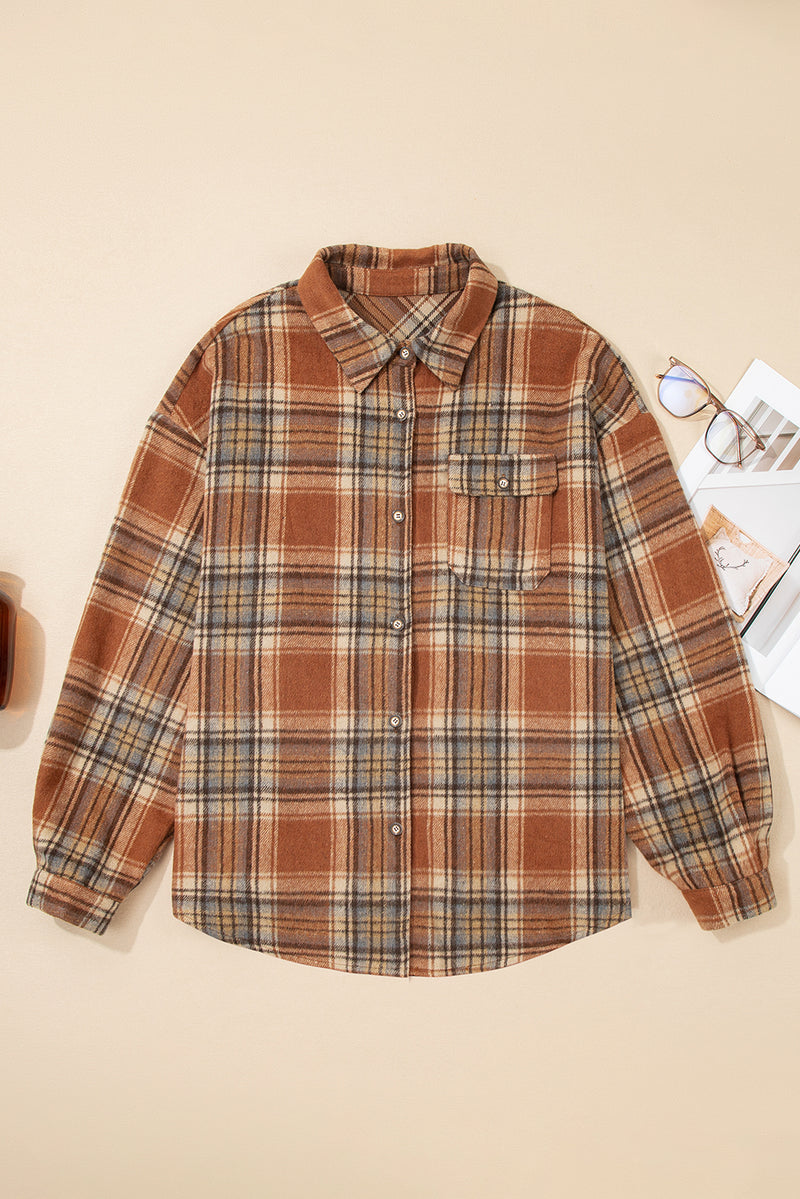 Hazel Blues® | Brown Plaid Print Flap Pocket Buttoned Shacket