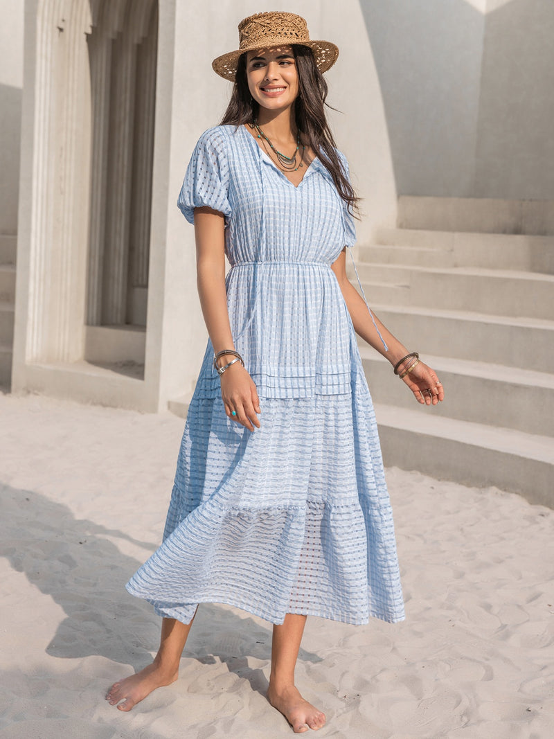 Hazel Blues® |  Tie Neck Balloon Sleeve Tiered Dress