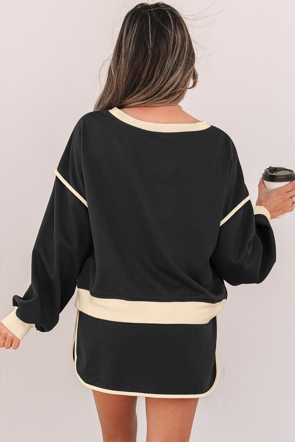 Color Contrast Loose Pullover And Lace Up Waist Skort Set | Lace Skort