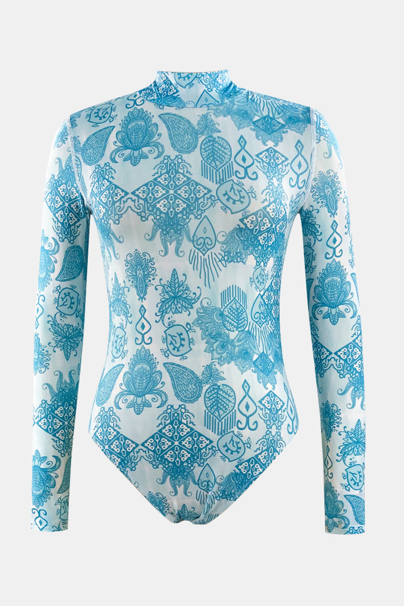 Hazel Blues® |  Printed Mock Neck Long Sleeve One-Piece Swimwear