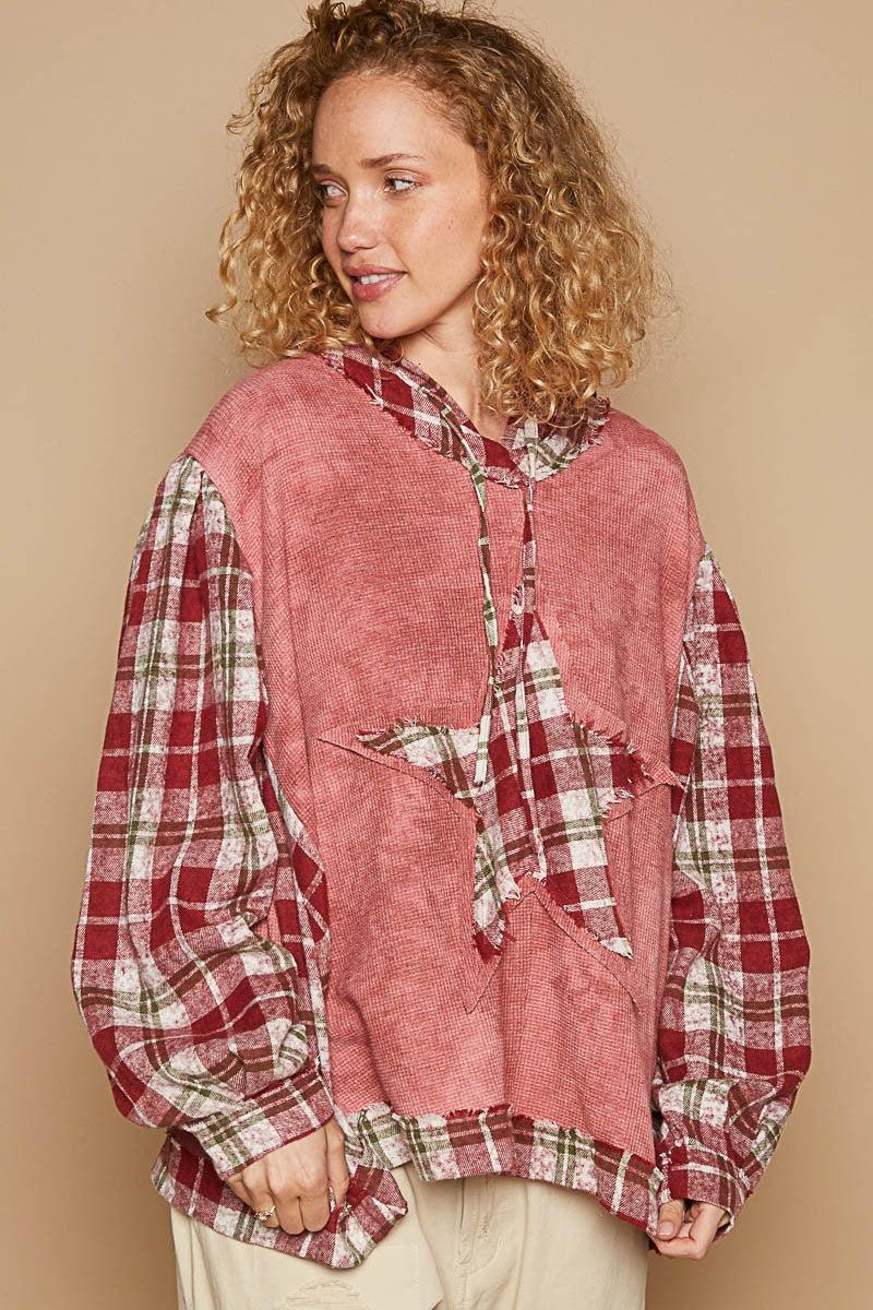 Hazel Blues® |  POL Star Patch Plaid Long Sleeve Hooded Top