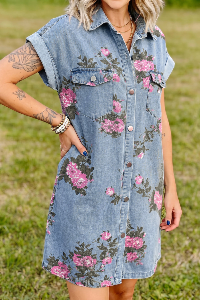 blue blouse dress with flowers cuffed sleeves Sky Blue Denim Floral Print Cuffed Short Sleeve Button Down Shift Dress – Hazel Blues®