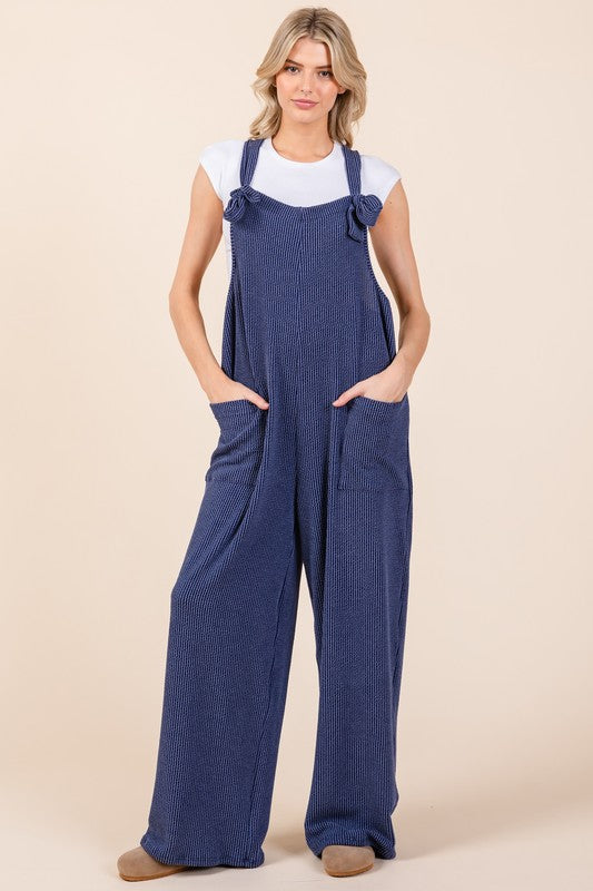 Hazel Blues® |  BOMBOM Knot Straps Wide Leg Ribbed Overalls with Pockets