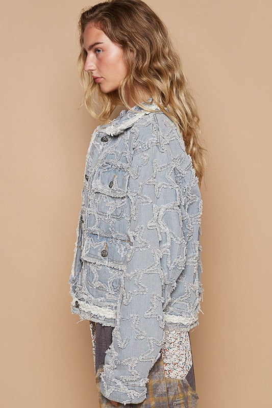 Hazel Blues® |  POL Star Textured Raw Hem Long Sleeve Denim Jacket