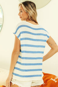 Hazel Blues® |  BiBi Striped Round Neck Short Sleeve Knit Top