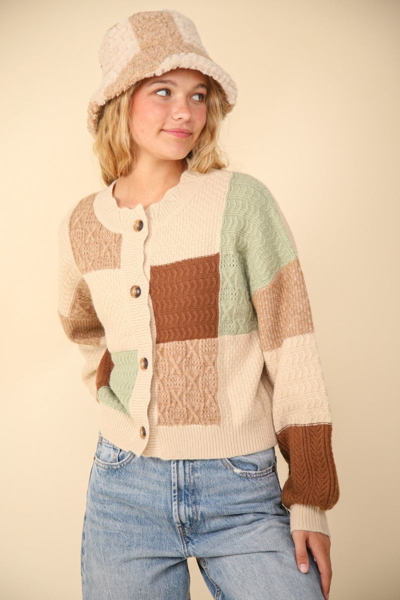 Hazel Blues® |  VERY J Color Block Button Down Textured Sweater Cardigan