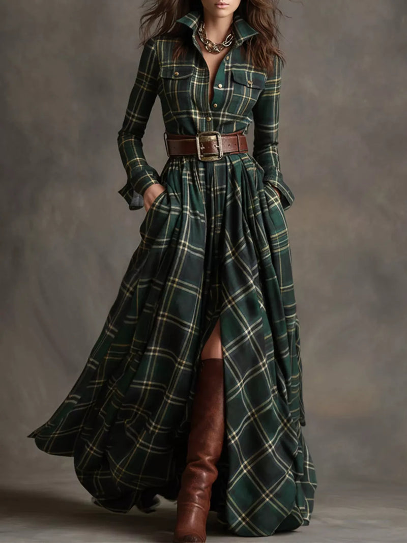 Plaid Button Front Maxi Shirt Dress Dark Green / S