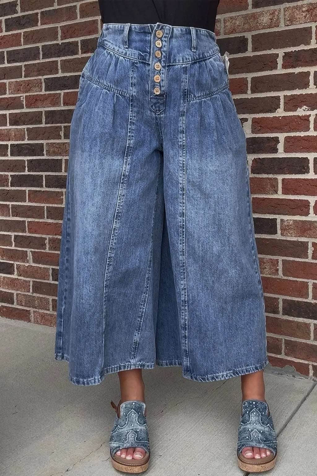 High Rise Buttons Pleated Cropped Wide Leg Denim Pants | Denim Button Wide Leg Jeans