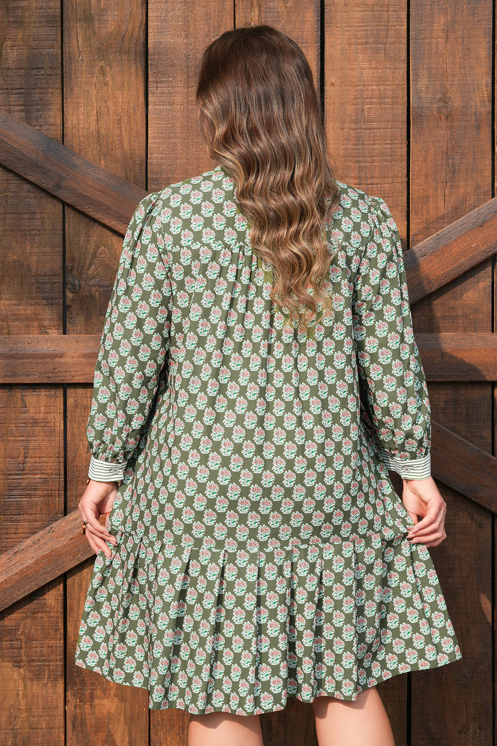 Green Contrast Striped Frilled Collar 3/4 Sleeve Floral Dress