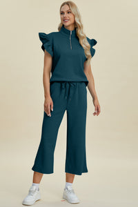 Hazel Blues® |  Double Take Texture Ruffle Short Sleeve Top and Wide Leg Pants Set