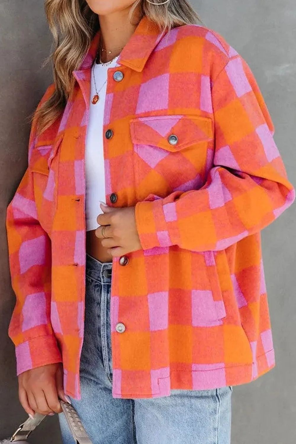 Hazel Blues® |  Color Block Plaid Button Up Long Sleeve Jacket