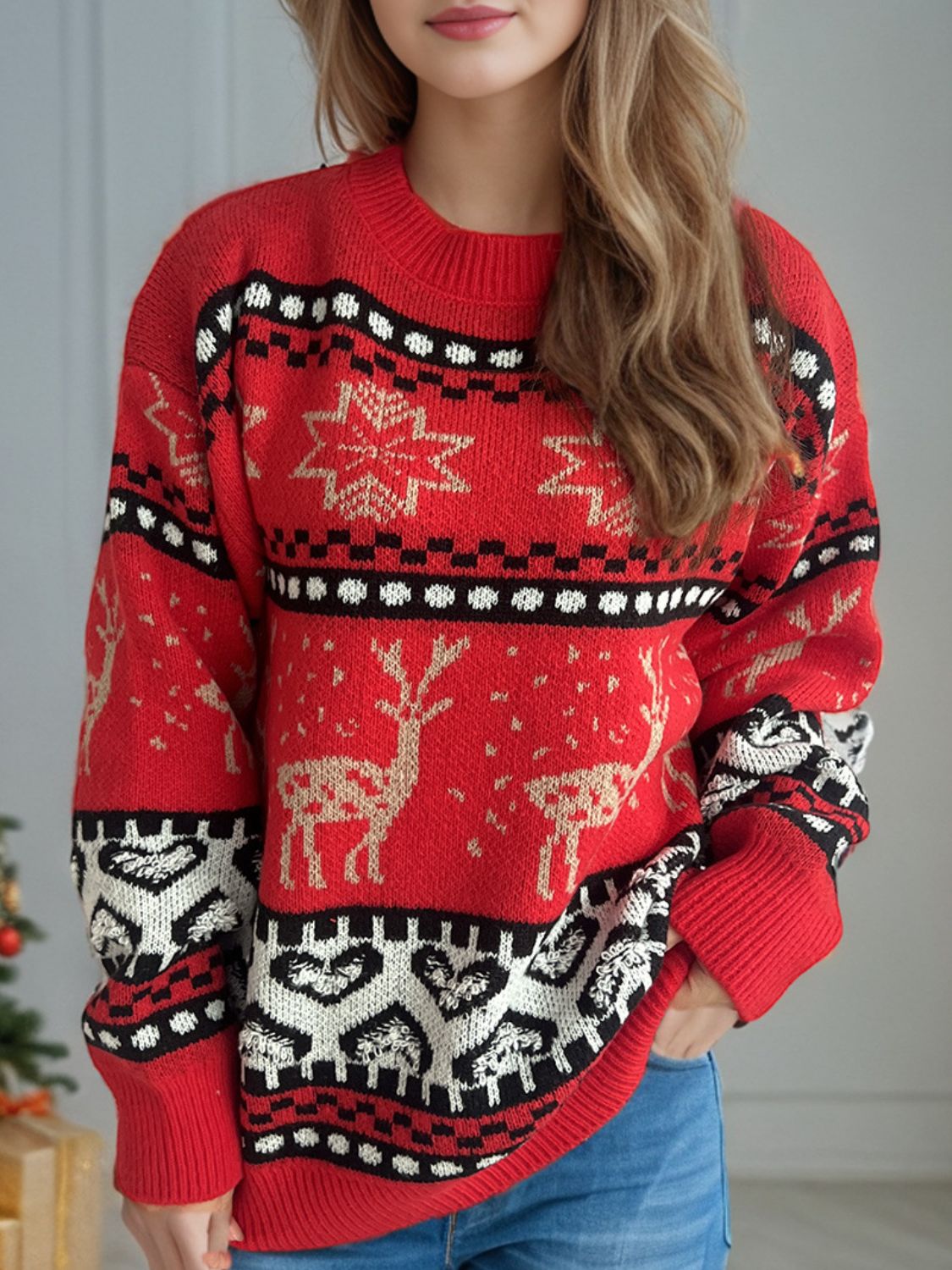 Hazel Blues® |  Christmas Element Round Neck Long Sleeve Sweater