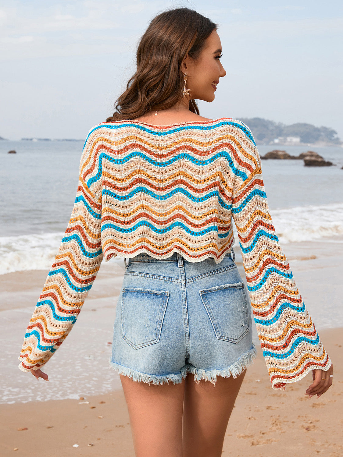 Hazel Blues® |  Striped Boat Neck Long Sleeve Cover Up