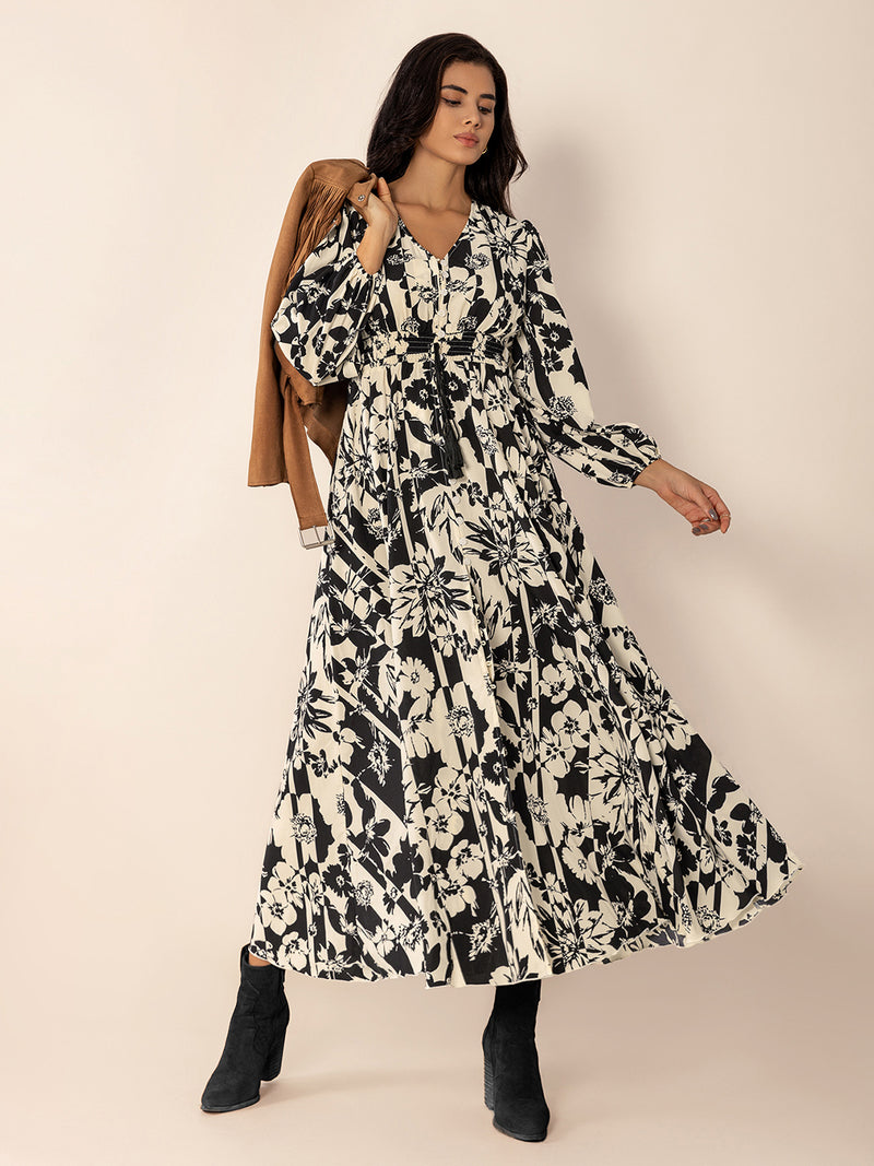 Hazel Blues® |  Tied Printed V-Neck Long Sleeve Midi Dress