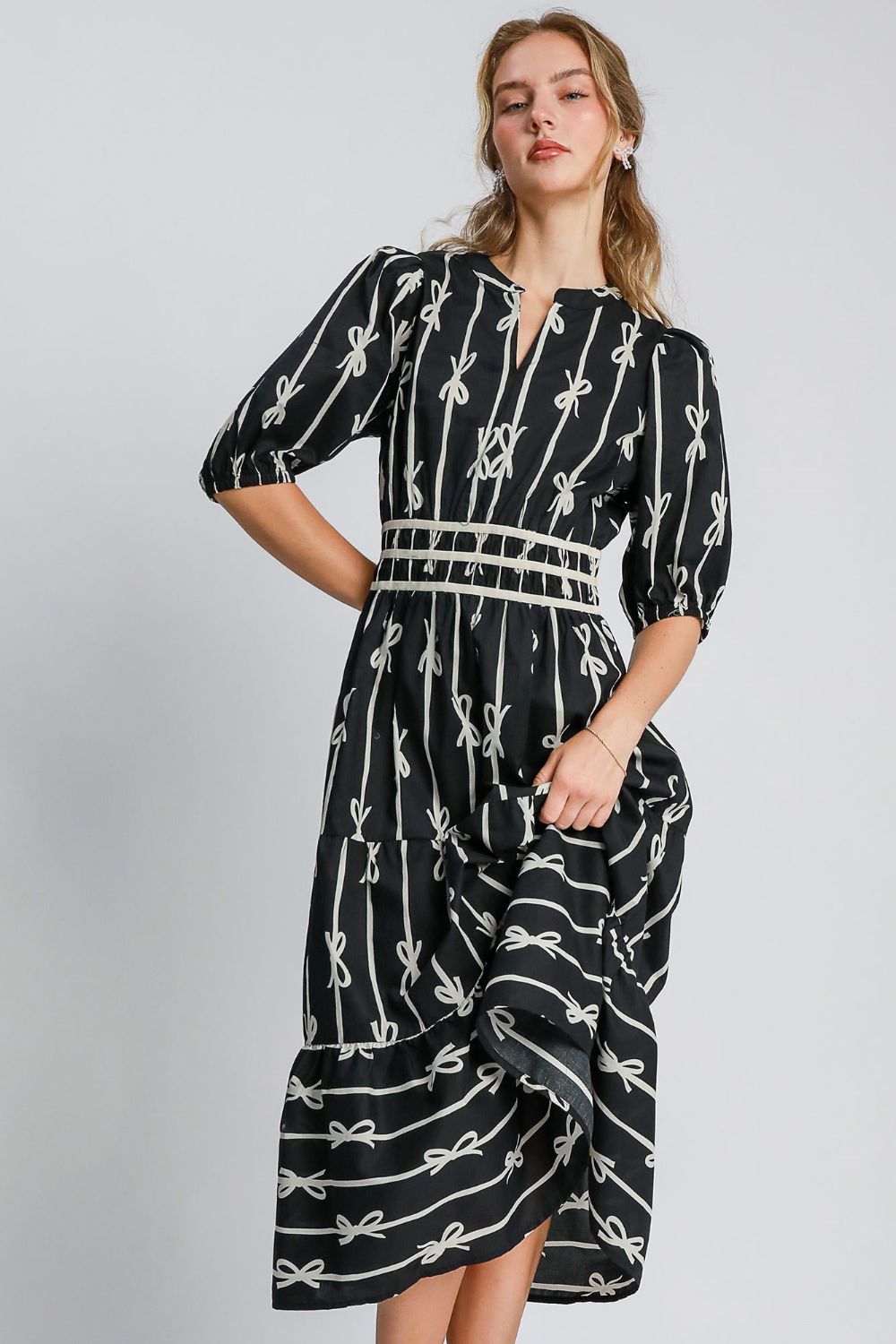 Hazel Blues® |  Umgee Bow Tie Print Notched Contrast Velvet Trim Midi Dress