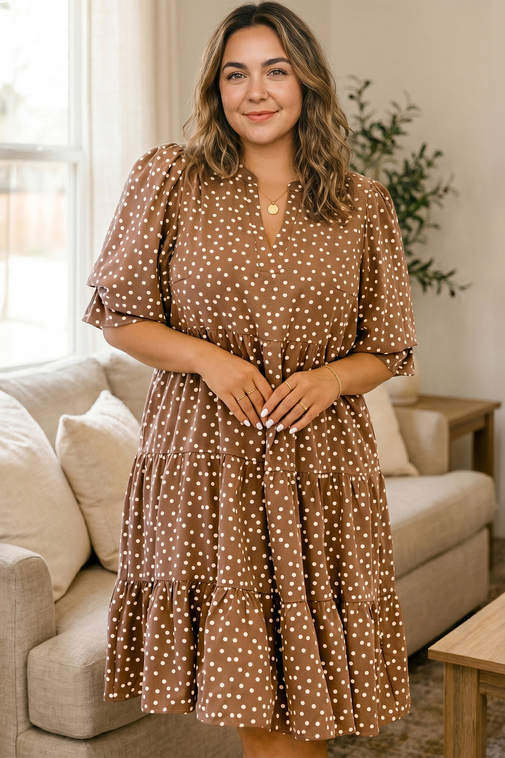 Mila Soleil Polka-Dot V-Neck Dress