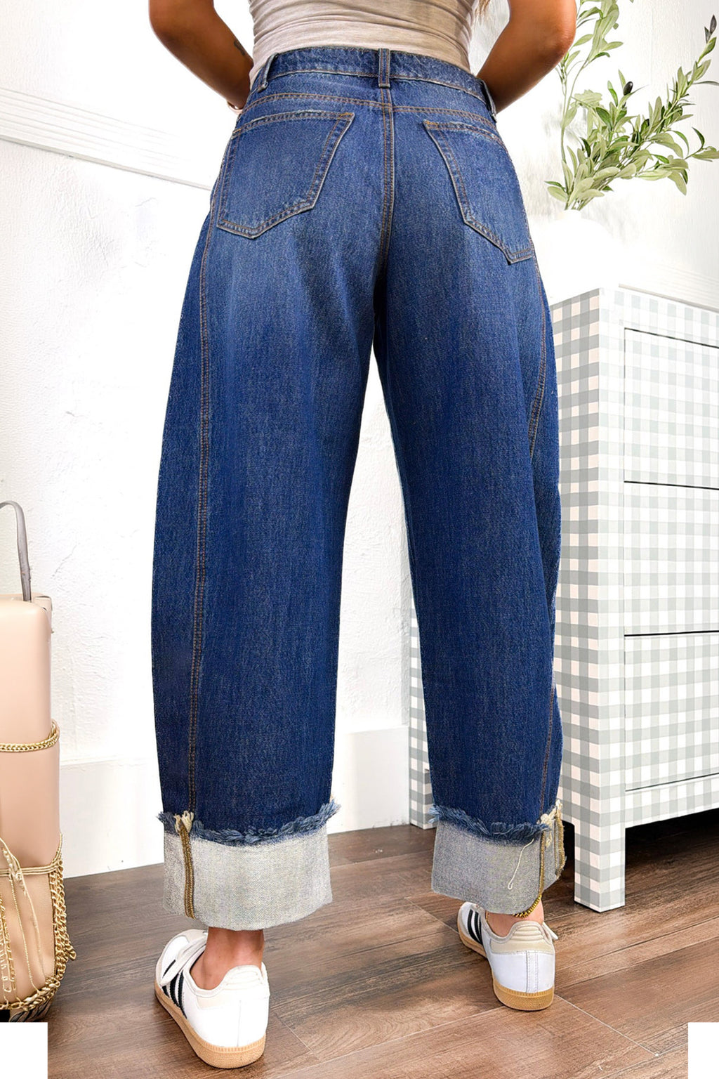 Clara Sage Sail Blue Raw Hem Turnup Loose Ankle Length Jeans