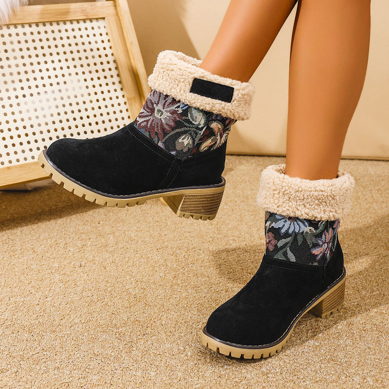 Hazel Blues® |  Embroidered Faux Fur Block Heel Boots