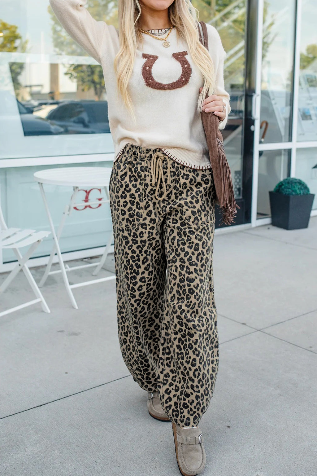 Hazel Blues® |  Khaki Leopard Print Drawstring Elastic Waist Loose Denim Pants with Pockets