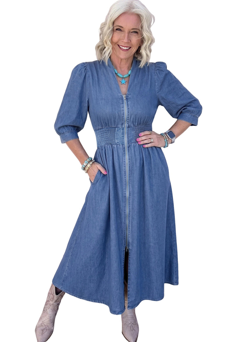 denim v-neck midi dress Denim Ruffled Sleeve V-neck Midi Dress Sugar & Spice