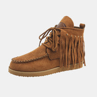 Hazel Blues® |  Fringe Studded Round Toe Canvas Boots