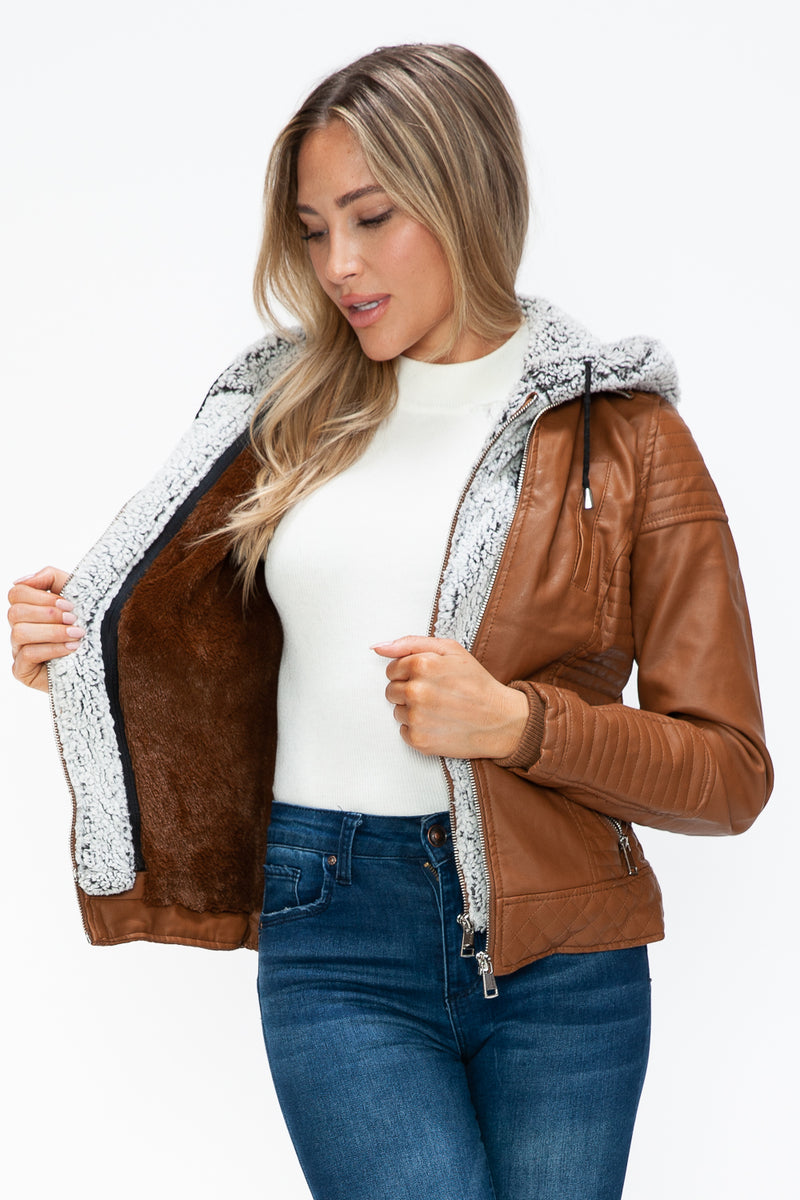 Hazel Blues® |  YMI Faux Layered Double-Zipper Jacket with Fuzzy Hood