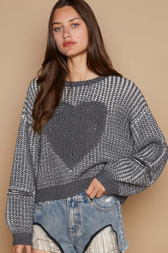 Hazel Blues® |  POL Round Neck Heart Patch Zipper Point Sleeve Sweater