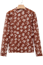 Hazel Blues® |  Red Mesh Star Print Mock Neck Sheath Long Sleeve Top