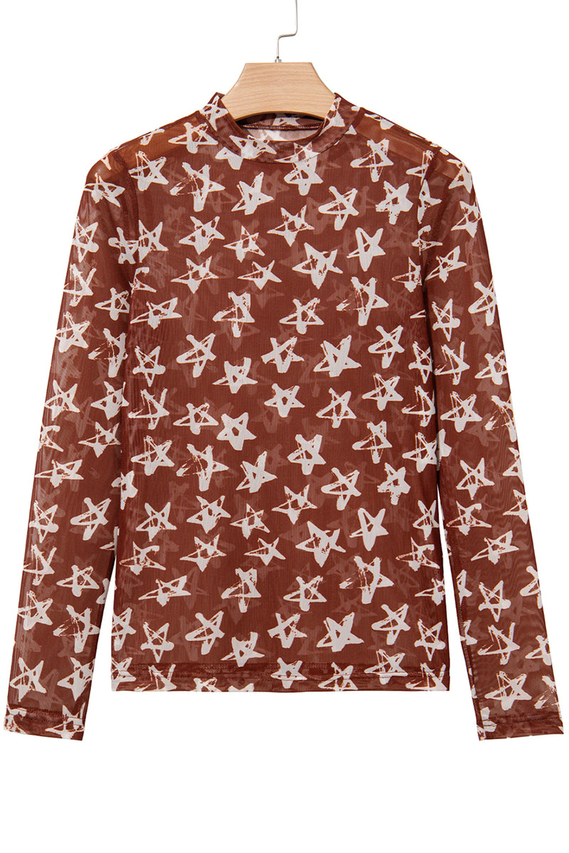 Hazel Blues® |  Red Mesh Star Print Mock Neck Sheath Long Sleeve Top