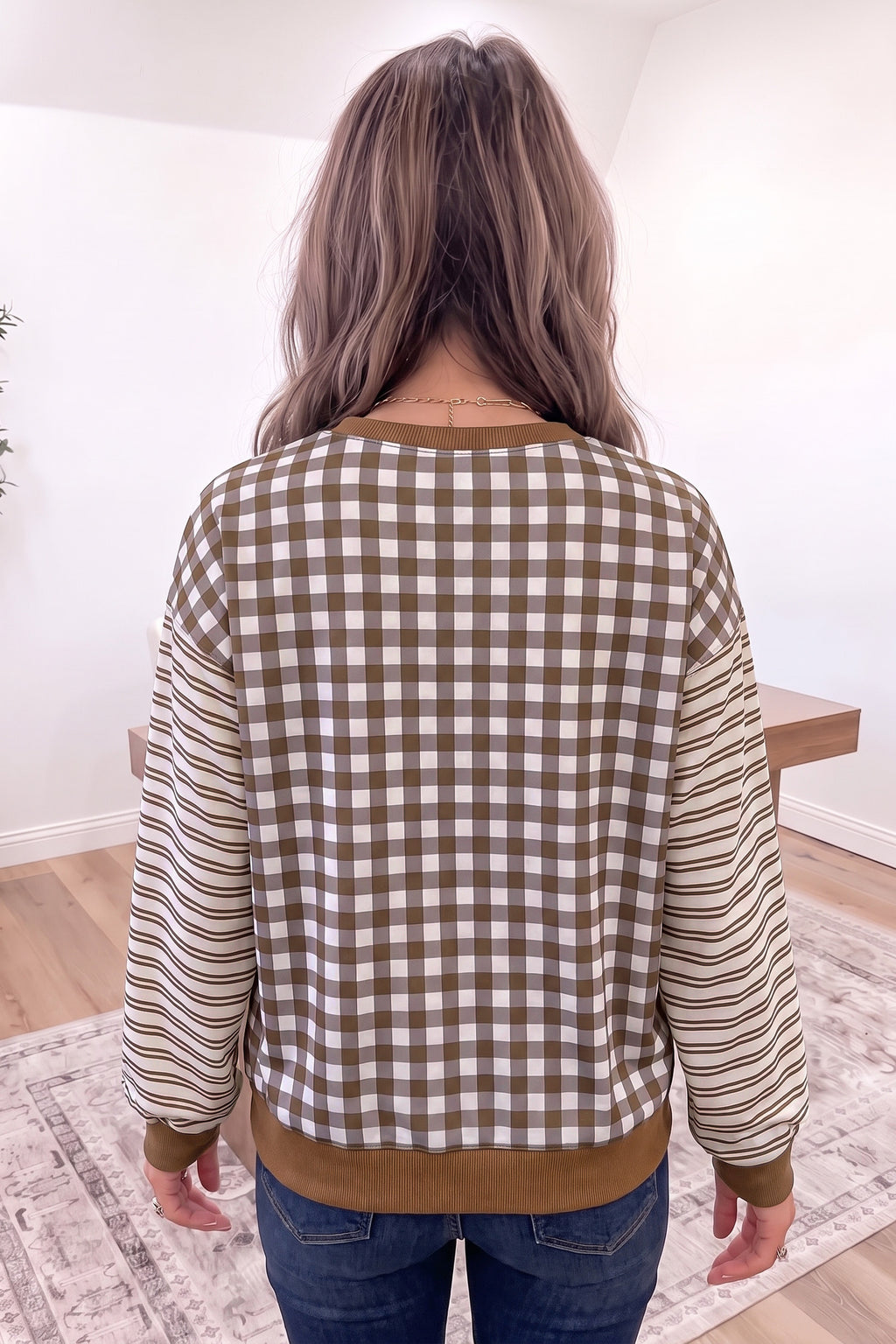 Brown Plaid Stripe Patchwork Top