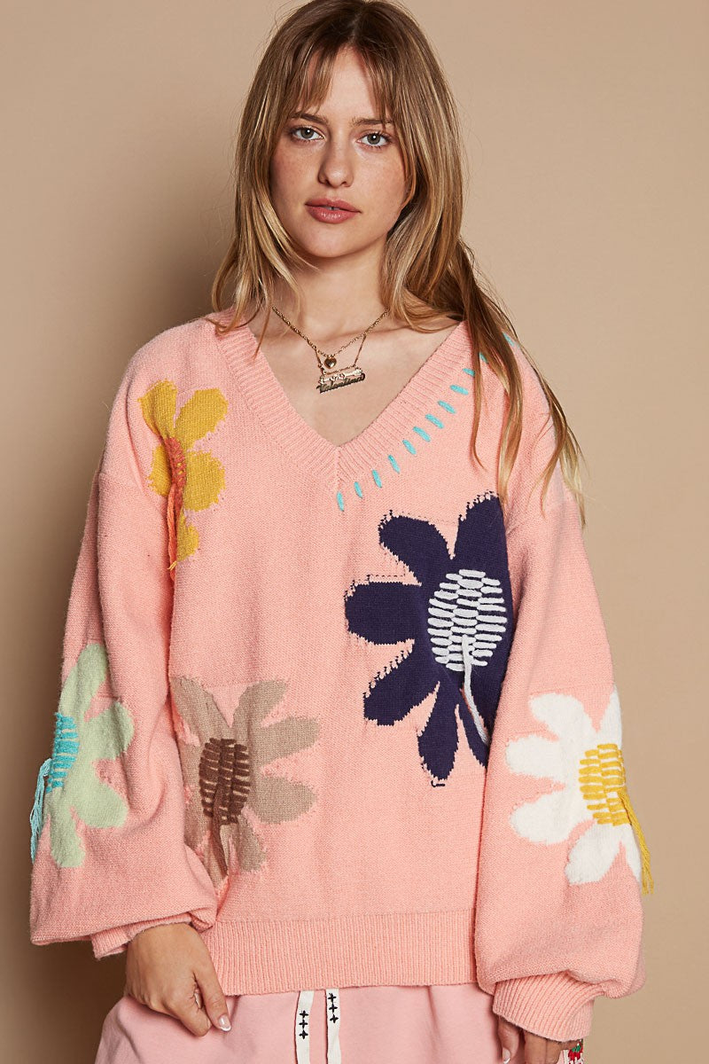 Hazel Blues® |  POL V-Neck Long Sleeve Flower Fringe Sweater