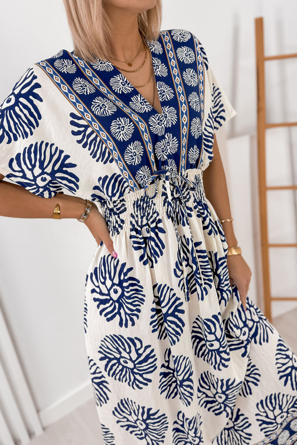 Blue Boho Floral-Print Contrast Patchwork V-Neck Dolman Maxi Dress