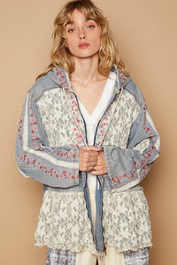 Hazel Blues® |  POL Embroidered Lace Patch Zip Up Hooded Jacket