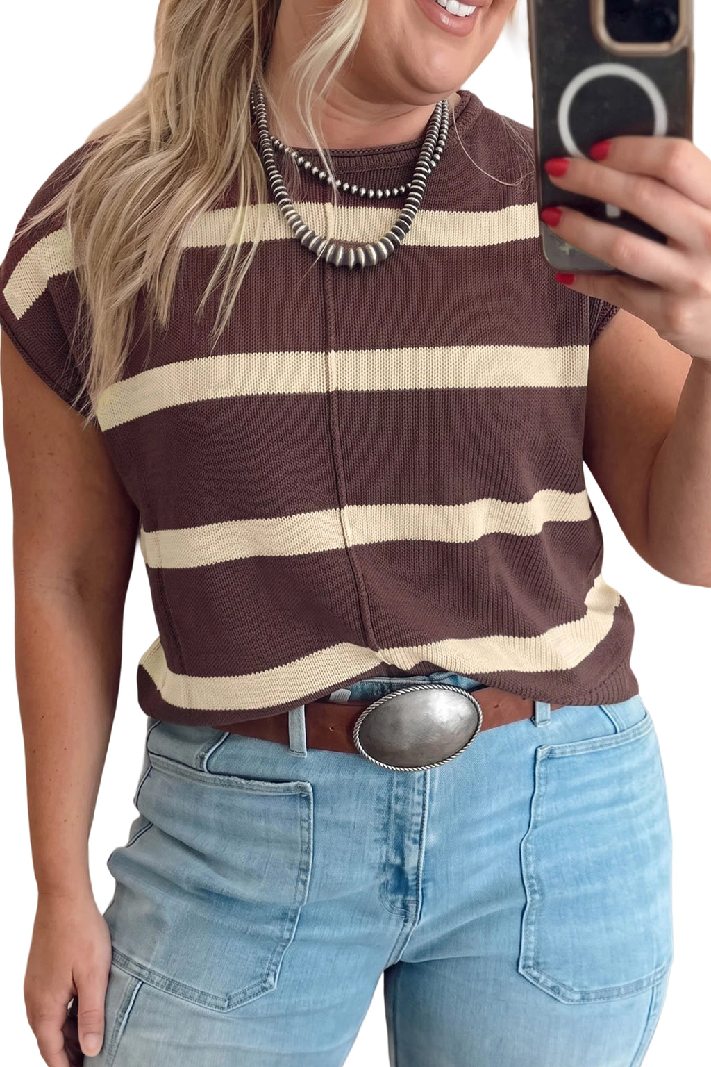 Brown Stripe Sleeveless Knit Sweater