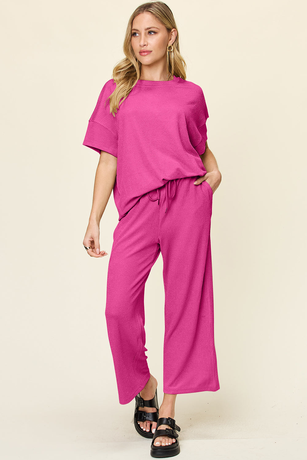 Hazel Blues® |  Double Take Texture Round Neck Short Sleeve T-Shirt and Wide Leg Pants