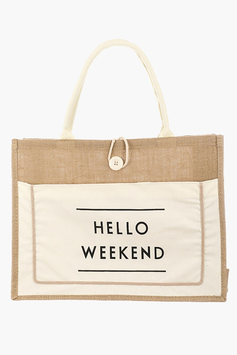 Hazel Blues® |  Fame Hello Weekend Burlap Tote Bag