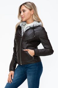 Hazel Blues® |  YMI Faux Layered Double-Zipper Jacket with Fuzzy Hood