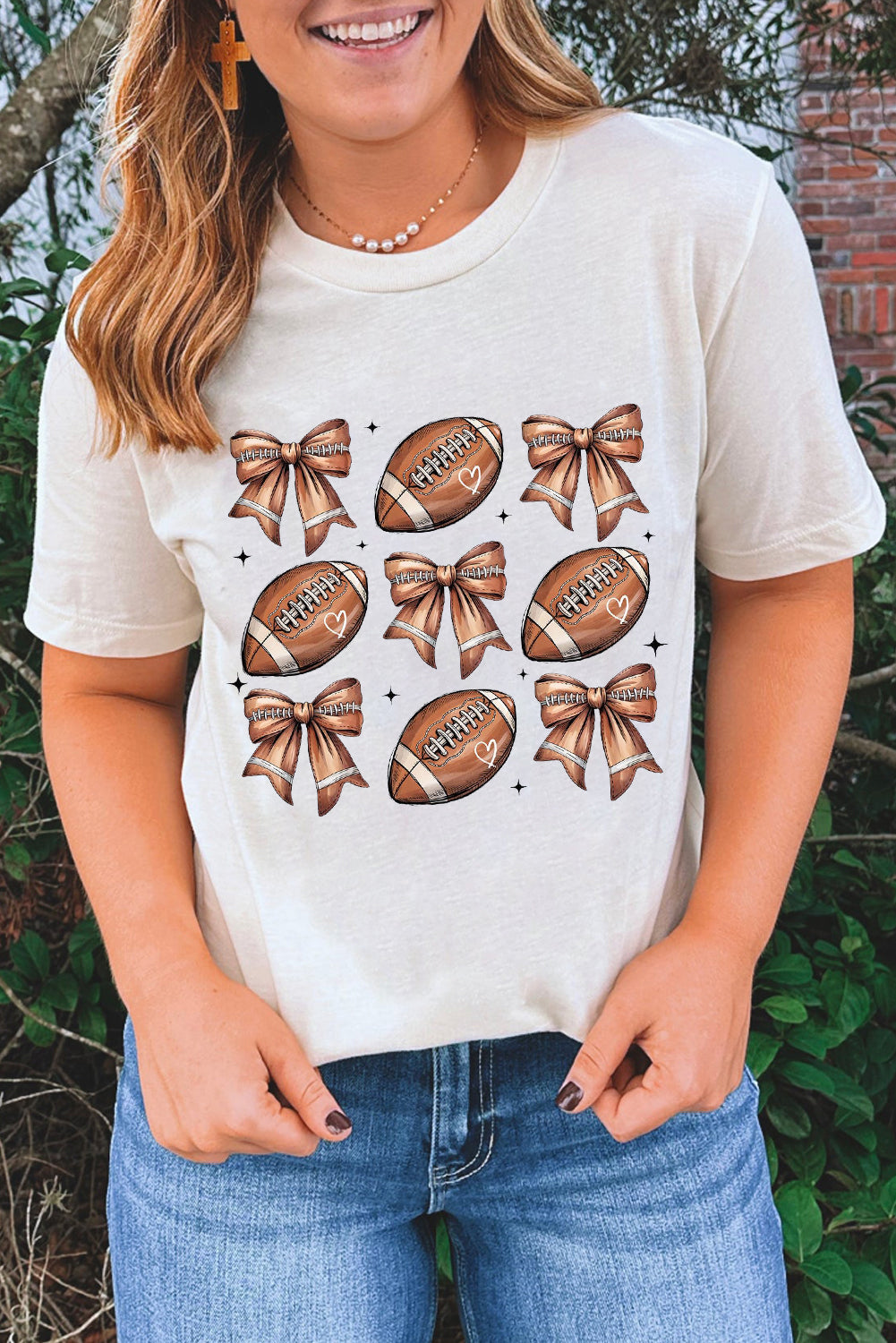 Hazel Blues® |  White Football Fashion Bow Print Cotton Blend T Shirt