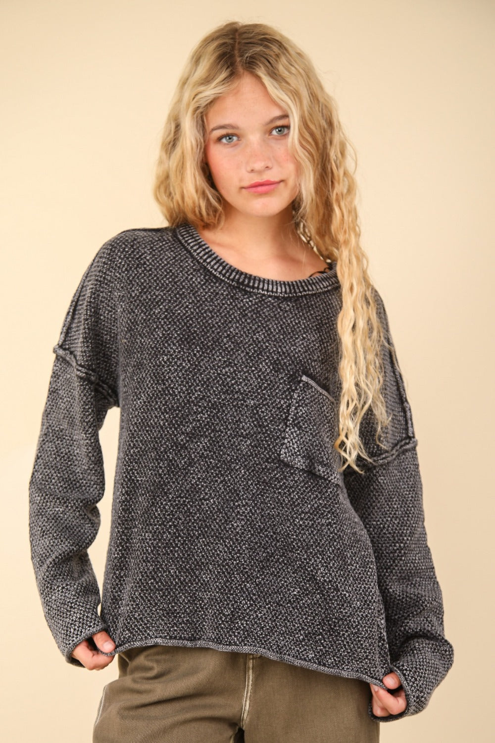 Hazel Blues® |  VERY J Mineral Washed Exposed Seam Sweater