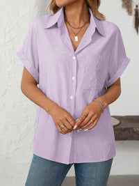 Hazel Blues® |  Mandy Pocketed Striped Collared Neck Short Sleeve Shirt