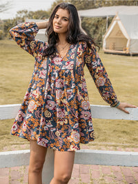 Hazel Blues® |  Floral Ruched V-Neck Long Sleeve Dress