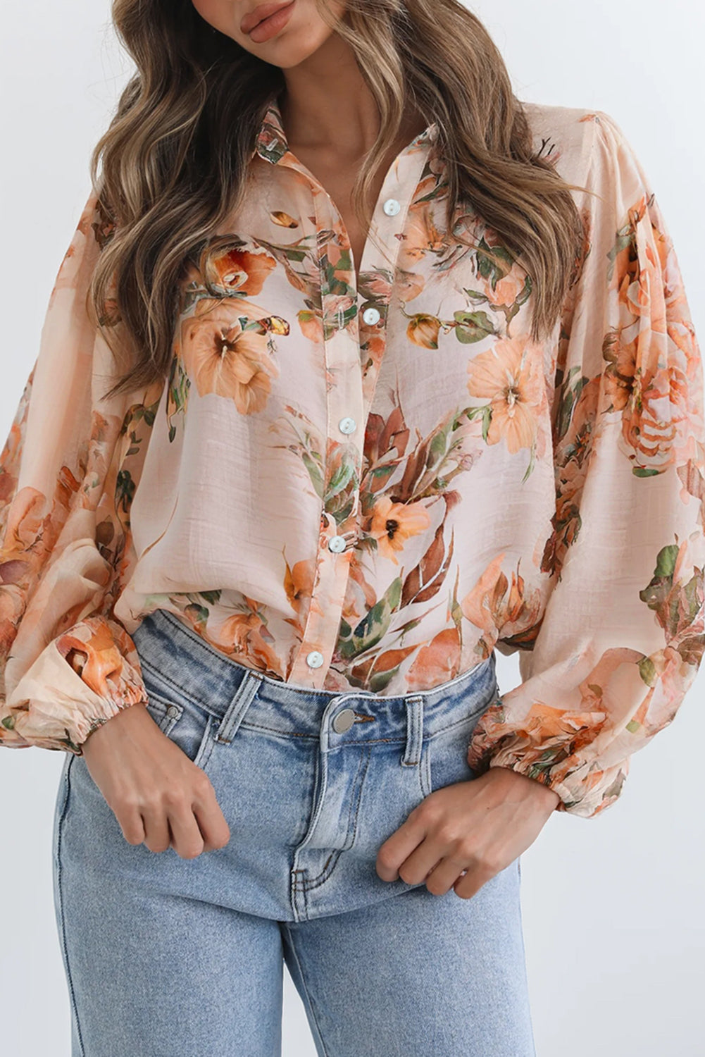 Hazel Blues® |  Orange Floral Puff Sleeve Lightweight Shirt