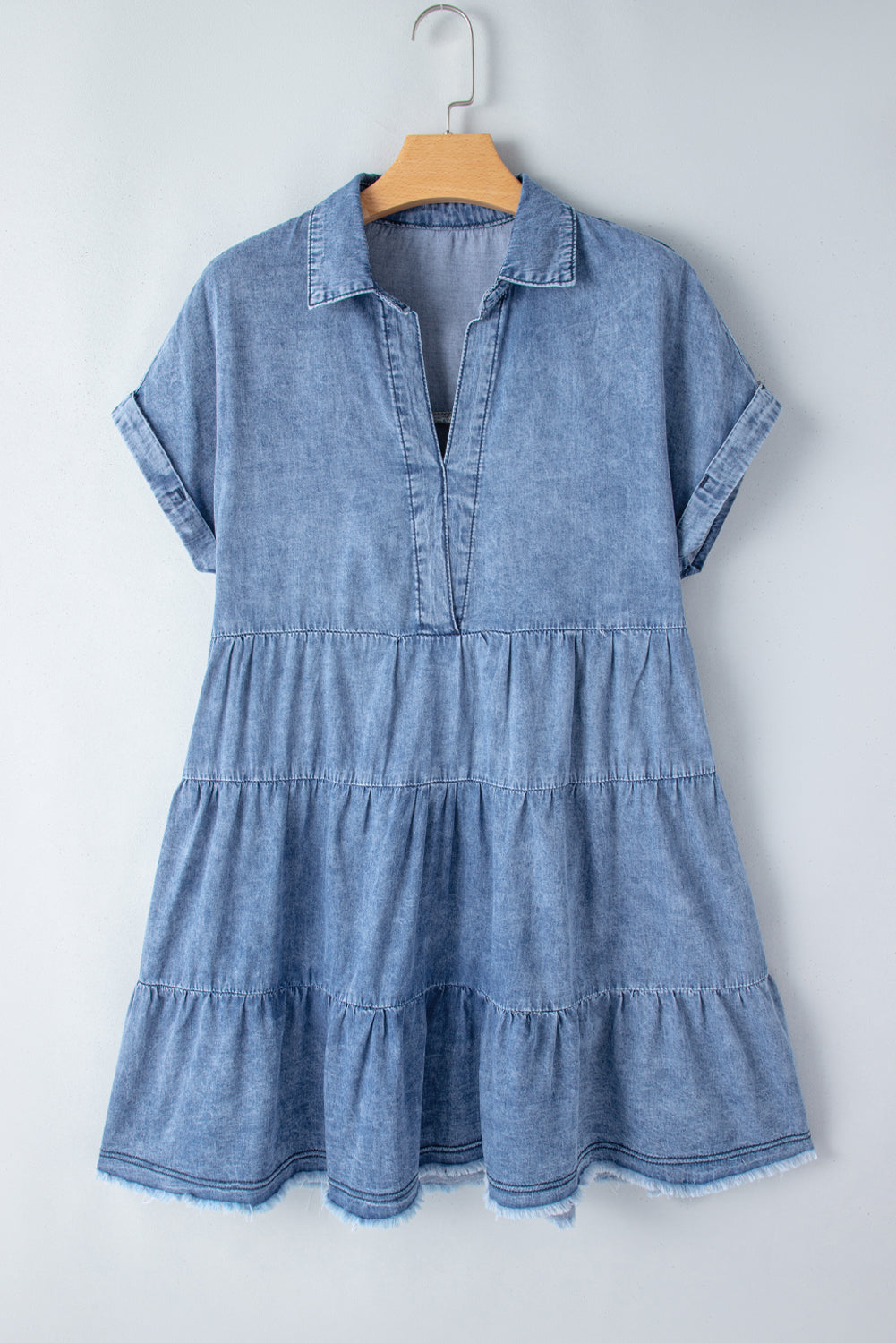 Hazel Blues® |  Raw Hem Collared Neck Short Sleeve Denim Dress