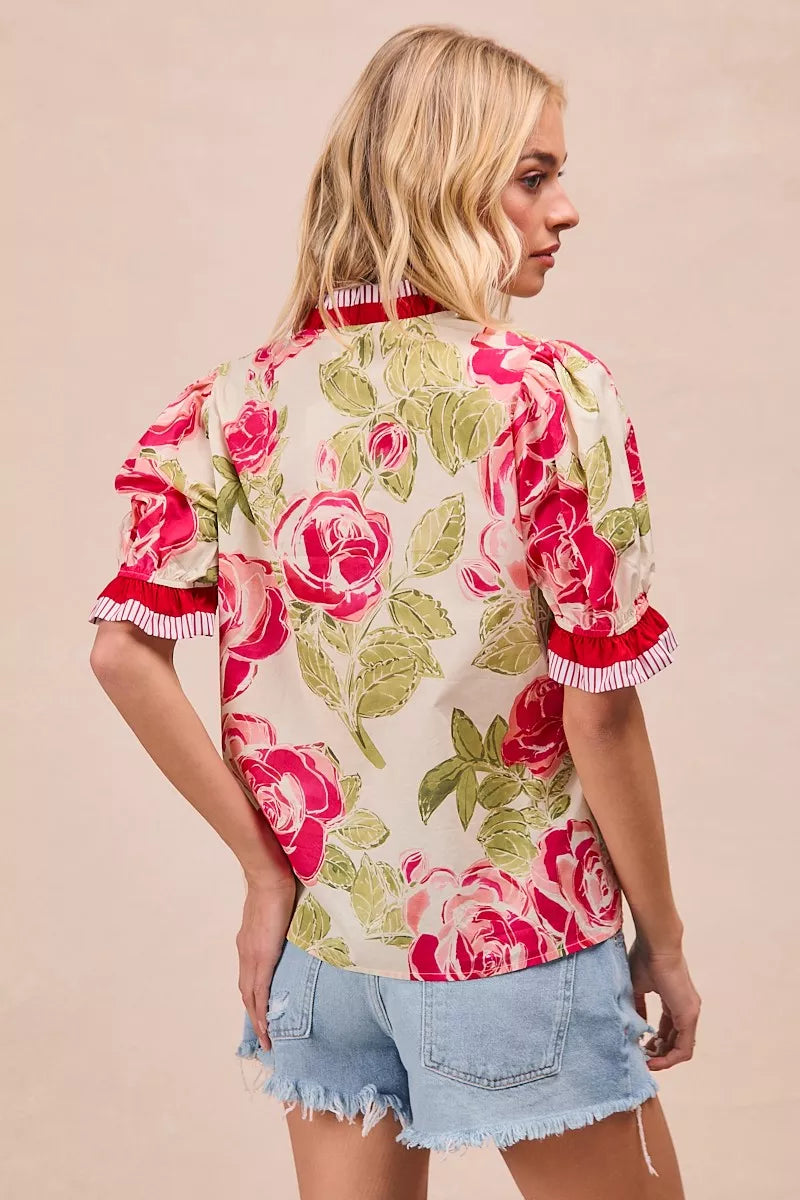 BiBi Floral Printed Woven Contrast Edge Ruffled Blouse – Hazel Blues®
