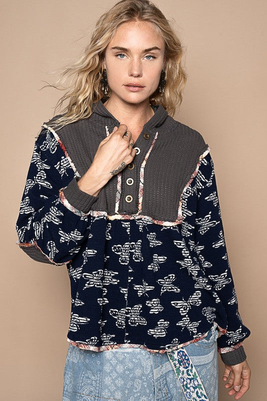 Hazel Blues® |  POL Butterfly Waffle-Knit Half Button Hooded Knit Top