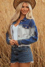 Hazel Blues® |  Dusk Blue Color Block Patchwork Flap Detail Distress Denim Jacket