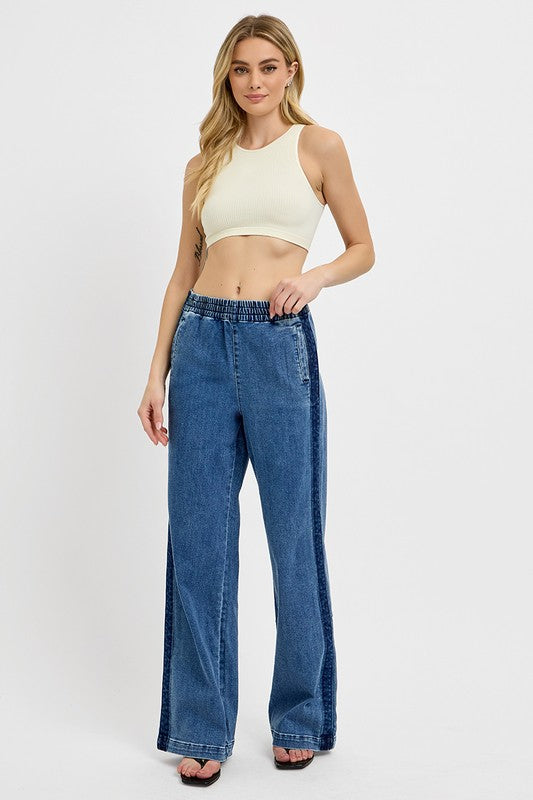 Hazel Blues® | RISEN Elastic Waist Wide Leg Jeans