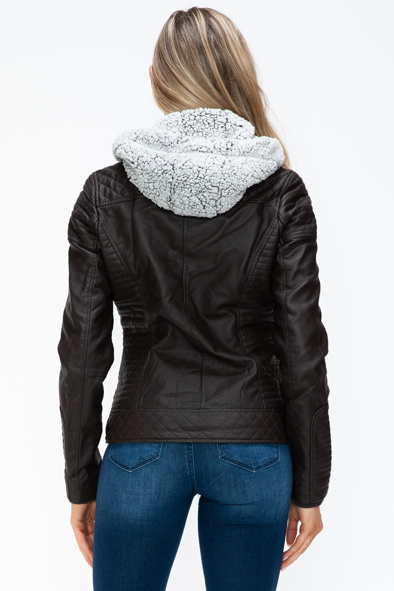 Hazel Blues® |  YMI Faux Layered Double-Zipper Jacket with Fuzzy Hood